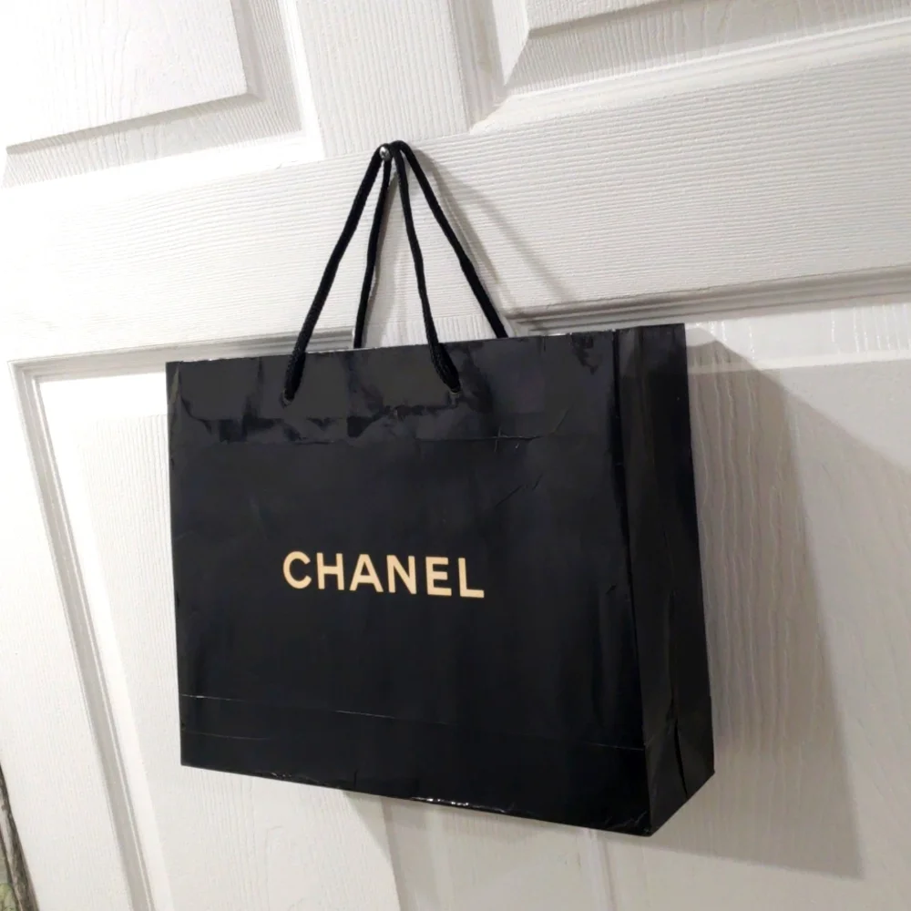CHANEL Shopping Bag Black & Tan Luxury Gift Bag Authentic  Size 12.5x9.75x3.5-in